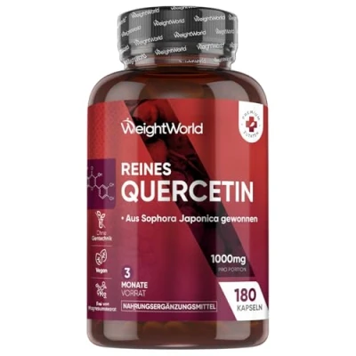 Obrázek quercetin 1000 mg 180 veganských kapslí zásoba 3 měsíce 95% prášek Ze safhora Japonica přírodní přísady alternativa k resveratrolu bez stearátu hořečnatého WeightWorld