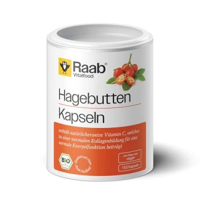 Obrázek Raab Vitalfood Bio šípkové kapsle, 150 kusů, bez přísad, veganské, vysoké dávky, s vitaminem C pro normální tvorbu chrupavky a kolagenu, 129 g