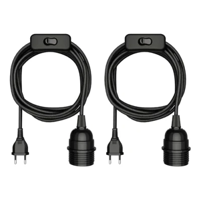 Obrázek ledscom.de 2 kusy textilního kabelu LEKA, zástrčka, spínač, černý, 3 m, objímka žárovky, 1x E27 max. 60 W