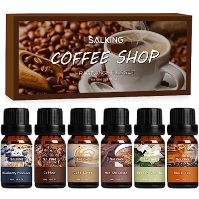 Obrázek SALKING Sada éterických olejů Café pro aromaterapii, čisticí vonné oleje difuzér, lampy zvlhčovač vzduchu, 6x10 ml (borůvkové palačinky, káva, latte, čokoláda, vanilka, černý čaj)