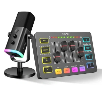 Obrázek FIFINE XLR streaming mikrofon a herní audio mixér, USB dynamický PC pro podcast Studio, RGB mixér s rozhraním mikrofonu (AM8 + SC3)