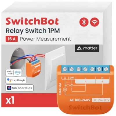 Obrázek SwitchBot Matný spínač relé 1PM, Wi Fi kompatibilní s Alexa/Apple Home/Google Home, modul měření výkonu integrovaným Bluetooth opakovačem, a 2,4 GHz,16A