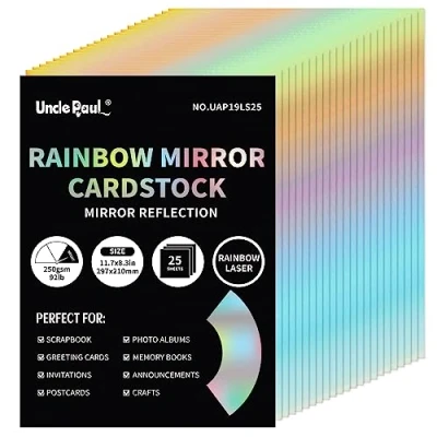 Obrázek A4 Rainbow Mirror Cardstock Paper, 25 listů 250 gsm/92Ib metalický reflexní papír pro ruční práce, barevný laserový karton narozeninovou dekoraci UAP19LS25