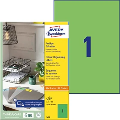 Obrázek AVERY Zweckform 3472 zelené etikety (100 nálepek, 210 x 297 mm na A4, permanentně přilnavé, samolepicí barevné etikety, papír matný, potiskovatelné, lepicí etikety) 100 listů