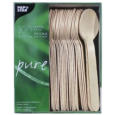 Obrázek Papstar Dřevěná lžíce / jednorázová &quot;pure&quot; (100 kusů) délka 15. 7 cm z přírodního světlého březového dřeva pro grilování nebo narozeniny, stabilní jednorázové nádobí, biologicky odbouratelné,