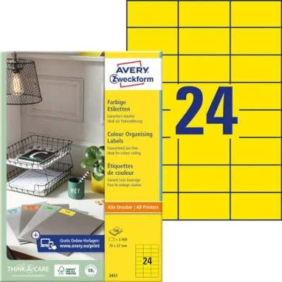 Obrázek AVERY Zweckform 3451 Žluté etikety (2 400 nálepek, 70 x 37 mm na A4, permanentně držící, samolepicí barevné štítky, papír matný, potisknutelné, lepicí etikety) 100 listů