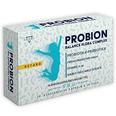 Obrázek PROBION® Probiotika sanace střev kapsle 40 miliard CFU Lactobacillus, Bifidobacterium + Enzi Mix vitamíny bambus a heřmánek k odstranění střevních plynů 30 kapslí Retard