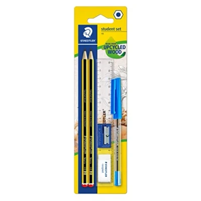 Obrázek STAEDTLER Studentská sada se 2 tužkami Noris 120 Made from Upcycled Wood ve stupni tvrdosti HB, 1 x kuličkové pero Stick modré, pravítko 15 cm, guma a ořezávátko, 120SET BKD