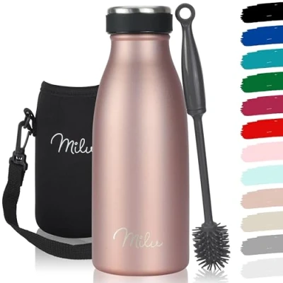 Obrázek Milu láhev na pití z ušlechtilé oceli 350 ml, 500 750 1 l, 1,5 l termoska pro děti dospělé, zabezpečená proti vytečení, izolační s kyselinou sycenou vč. čisticího kartáče (růžové