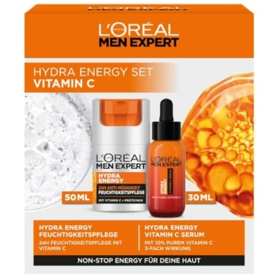 Obrázek L&#039;Oréal Men Expert sada pro péči o unavenou pokožku muže, dárková se sérem a pleťovým krémem, 24H proti únavě, dárky muže s vitaminem C, Hydra Energy, 1 x 30 ml, 50 ml