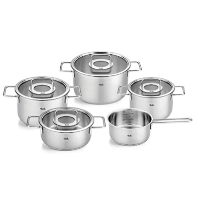 Obrázek Fissler Pure Collection / sada hrnců na vaření z ušlechtilé oceli, 5dílná, hrnce se skleněnou poklicí (3 vaření, 1 hrnec pečení, kastrol s rukojetí) indukce, stříbrná