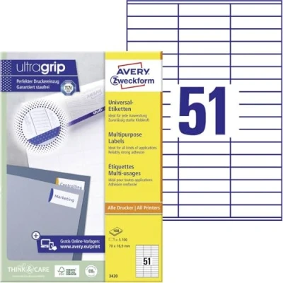 Obrázek AVERY Zweckform 3420 univerzálních etiket (5. 100 lepicích štítků, 70 x 16,9 mm na A4, papír matný, individuálně potisknutelné, samolepicí nálepky s ultragripem) listů, bílé