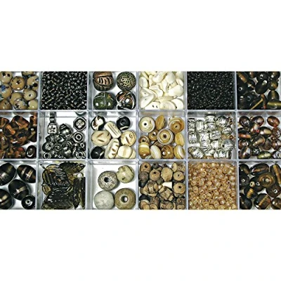 Obrázek Rayher Třídění skleněných perel, box 240 g, mix barev a velikostí, různé tvary topaz/hnědé/béžové/stříbrné, korálky k navlékání, 14115805