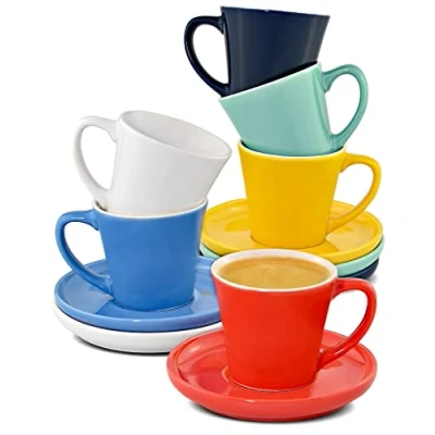 Obrázek Cosumy Barevné šálky na espresso sada 6 ks s podšálky keramika pestrá stohovatelný design udržuje dlouho teplé moderní barvy dárková krabička 70 ml
