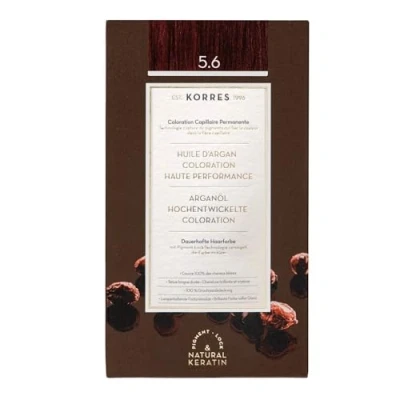 Obrázek KORRES Argan Oil Colorant barva na vlasy bez amoniaku světle hnědá červená 5. 6 100% zakrytí šedých vlasů a veganská pro dlouhotrvající barevný výsledek