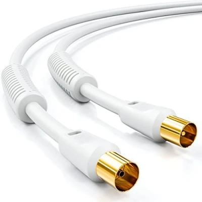 Obrázek deleyCON 2m TV anténní kabel koaxiální HDTV 4násobné stínění 2x feritové jádro filtr opláštěného proudu DVB T T2 Radio DAB bílý