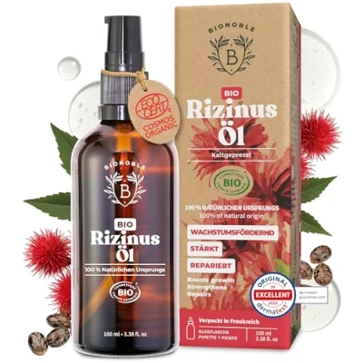 Obrázek Bionoble Ricinový olej bio 100 ml % čistý, přírodní, lisovaný za studena řasy, obočí, vlasy, vousy, nehty Vegan a Cruelty Free Castor Oil skleněná láhev + pipeta pumpička