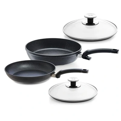 Obrázek Fissler Sada pánví Adamant 4dílná / (1x Adamt Classic 24 cm a 1x Comfort 28 cm) + skleněná poklice, potažené hliníkové pánve nepřilnavé, odolné proti poškrábání vhodné pro indukci
