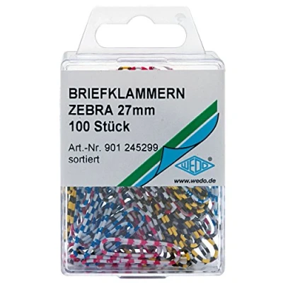 Obrázek Wedo 901245299 kancelářské sponky zebra kov (s pruhovaným potahem z umělé hmoty, 27 mm, 100 kusů, tříděné podle barev