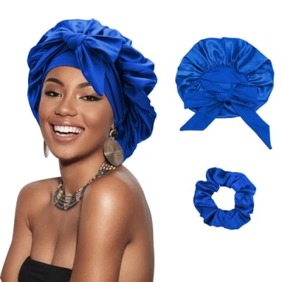 Obrázek DRESHOW Saténová čepice pro dámy hedvábná na spaní s elastickým páskem Noční dlouhé kudrnaté vlasy Locs, 1 ks Sleep Cap: 10 blue