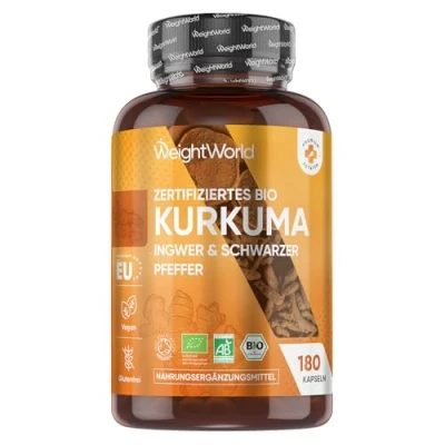 Obrázek BIO kapsle s kurkumou černý pepř a zázvor kurkuminem kurkuma prášek 180 kapslí veganské WeightWorld
