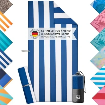 Obrázek Blumtal Strandhandtuch 90x180 cm aus Mikrofaser kompaktes und schnelltrocknendes Handtuch/Strandtuch XXL Stranddecke sandfrei mit Band Microfaser Handtücher in Blau gestreift