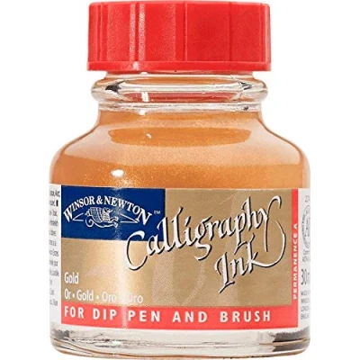 Obrázek Winsor &amp; Newton 1110283 kaligrafické tuše, neprůhledné (pro plnicí pero nebo psací pera, lze navzájem míchat, stálobarevné) 30 ml láhev metalické zlato
