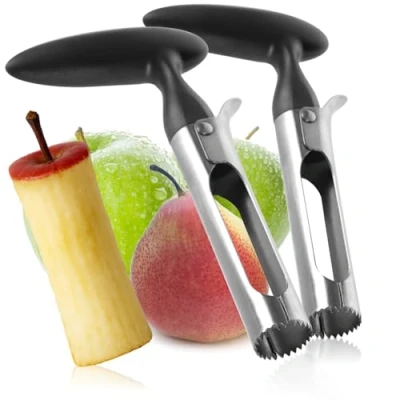 Obrázek COM FOUR® 2 x vykrajovátko na jablka z nerezové oceli 430 s plastovou rukojetí praktický vykrajovač jádra jablečná (02 kusů odpeckovač jablek černý)