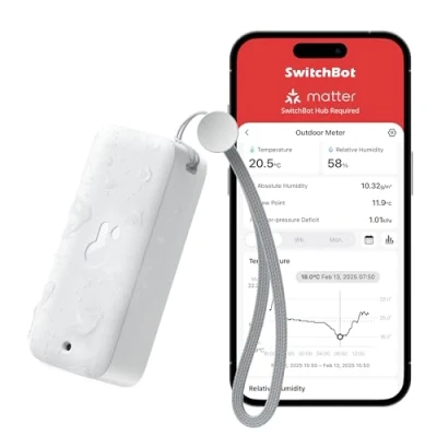 Obrázek SwitchBot Vlhkoměr IP65, vnitřní a venkovní, dosah Bluetooth 120 m, rosný bod/VPD/absolutní čidlo vlhkosti, teplotní senzor, bezplatné ukládání dat, životnost baterie 2 roky