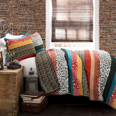 Obrázek Lush Decor Prošívaná deka Boho, oboustranná, 3dílná, bohémský design, pro dvoulůžko, tyrkysové a mandarinky