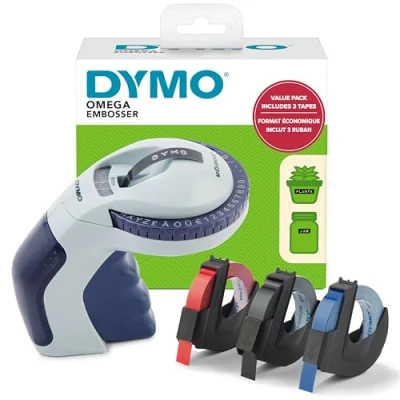 Obrázek DYMO Prägegerät mit 3 Prägebändern Omega Beschriftungsgerät Starterset kleines Dreh klick System für zu Hause und Bastel Hobbyprojekte (£/, Ä, Ö Ü)