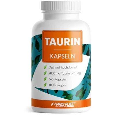 Obrázek taurin kapsle 365x optimálně vysoké dávky 2000 mg taurinu denně s více než 99,9% čistotou bez přísad laboratorně testováno certifikátem zásoba 6 měsíců