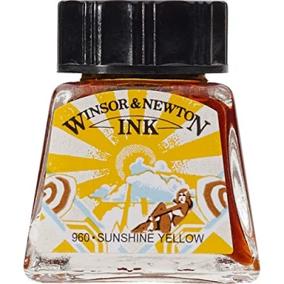 Obrázek Winsor &amp; Newton 1005633 Drawing Inks kreslicí tuš pro kaligrafy, ilustrátory, grafiky, umělce voděodolné barvy, vynikající průhlednost, láhev 14 ml sluneční žlutá
