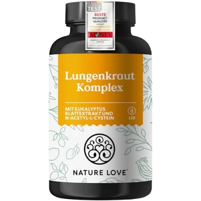 Obrázek NATURE LOVE® Komplex plicník 120 kapslí s 300 mg v denní dávce doplněný listy eukalyptu, NAC, vitamin B2 a vitamín C veganský vyrobeno Německu