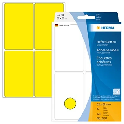 Obrázek HERMA 2491 víceúčelové etikety, 128 kusů, 52 x 82 mm, 4 na arch, samolepicí, štítky pro domácnost k popisování, matné, prázdné papírové samolepicí žluté