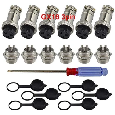 Obrázek QitinDasen 6 ks Premium GX163 Pin Aviation konektor adaptér, 5A 16 mm závit samec žena kov letecká zástrčka kabelový Kit, s gumovou ochrannou krytkou a šroubovákem