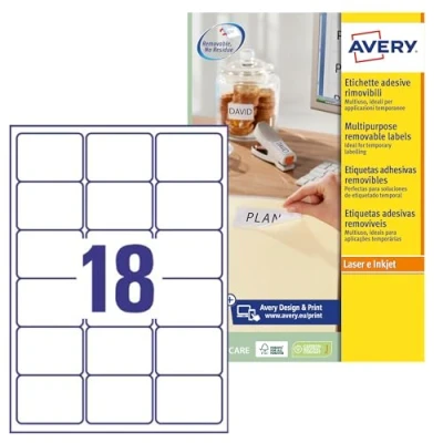 Obrázek AVERY Zweckform L6025REV 25 Univerzální etikety (450 plus 90 samolepicích etiket extra, 63,5 x 46,6 mm na A4, opět beze zbytku odstranitelné/odstranitelné, potiskovatelné, samolepicí nálepky) 30 listů, bílá