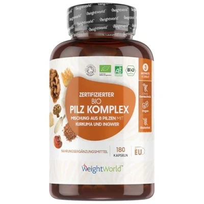 Obrázek BIO houbový komplex s 8 druhy hub 180 kapslí 1000 mg lví hřívou houba, Reishi, Chaga, shitake, maitake, cordyceps a ústřicové houby laboratorně testováno vegan organický