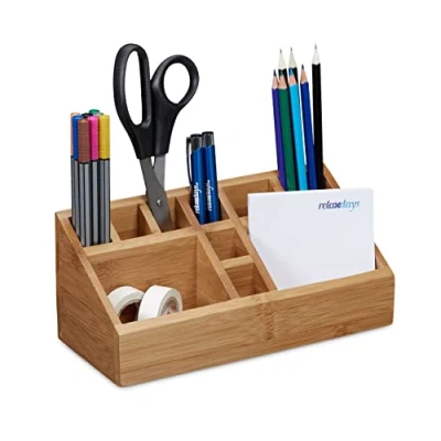 Obrázek Relaxdays Organizér na psací stůl, bambus, kyblík tužky, 10 přihrádek, přirozená textura, v x š h:10 23 cm, přírodní.