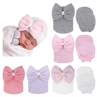 Obrázek DRESHOW Novorozenec Baby Čepice Palčáky Nemocnice Klobouk Beanie Kojenecká čepice se mašlí Dětské rukavice, 5 bow klobouků + 3 páry středová sada 20