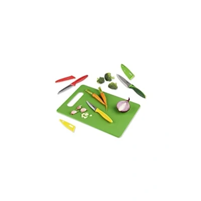 Obrázek Zyliss E72404 Messer Set 3 Teilig mit Schneidebrett, 9cm/10cm/14cm, Grün/Rot/Gleb, Küchenmesser Kochmesser/Schälmesser/Gemüsemesser, 5 Jahre Garantie