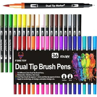 Obrázek FORETOY Dual Brush Pen Set, 36 barev, fixy silné a tenké štětcové pro děti, dospělé, bullet journal tužky, ruční písmo, manga, mandala, omalovánky, fineliner