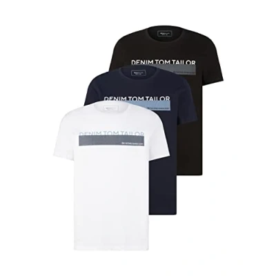 Obrázek TOM TAILOR Denim Pánské Triplepack tričko s potiskem, 29999 černá.
