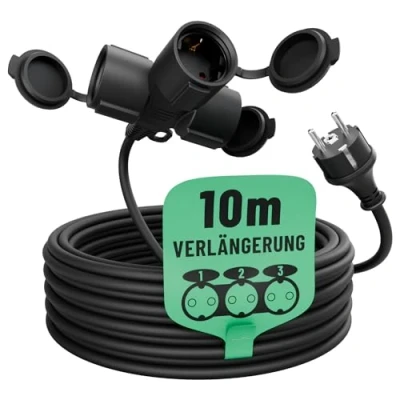 Obrázek greate 3násobný prodlužovací kabel 10 metrů venkovní vodotěsný IP44 3 přihrádka vícenásobná zásuvka prodloužení pro použití m 3500 W, Outdoor Extension Cord