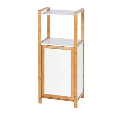 Obrázek WENKO Regal Mod. Finja mit 2 Ablagen &amp; integriertem Wäschesammler, Badezimmer Schrank aus Bambus und MDF Wäschebox in Grau, Hochregal 40 x 95 30 cm, Weiß/Natur
