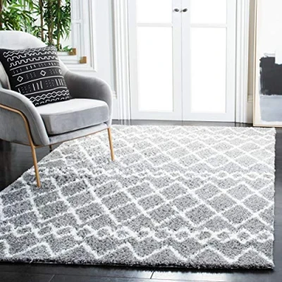 Obrázek SAFAVIEH Zottelig Teppich für Wohnzimmer, Esszimmer, Schlafzimmer Berber Shag Collection, Kurzer Flor, Hellgrau und Creme, 122 X 183 cm