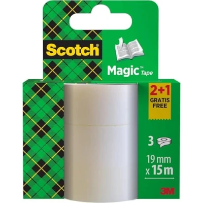 Obrázek Scotch Magic Tape 2 role + 1 zdarma, 19 mm x 15 m neviditelná lepicí páska pro všeobecné účely k opravě, etiketování a zapečetění dokumentů