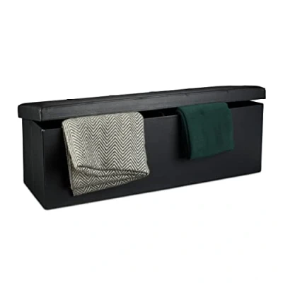 Obrázek Relaxdays Skládací lavice VxŠxH 38 x 114 cm, XL umělá kůže sedací truhla, úložný box s úložným prostorem, černá