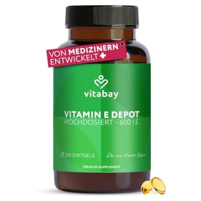 Obrázek Vitabay Vysoké dávky vitaminu E 600 IE Depot 200 VEGAN Softgel vitamin kapsle s vysokou dávkou tokoferolu a tokorienolu přírodní vitamíny Vit tokorienolem