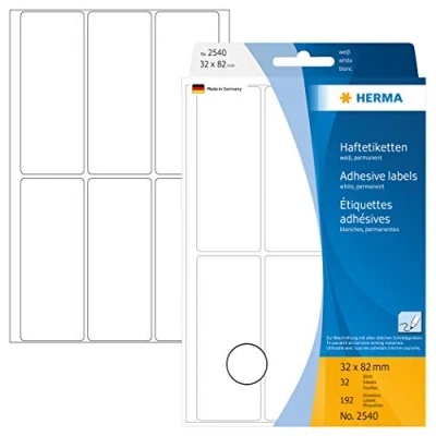 Obrázek HERMA 2540 víceúčelových etiket, 192 kusů, 32 x 82 mm, 6 na arch, samolepicí, etikety pro domácnost k popisování, matné, prázdné papírové lepicí samolepky, bílé